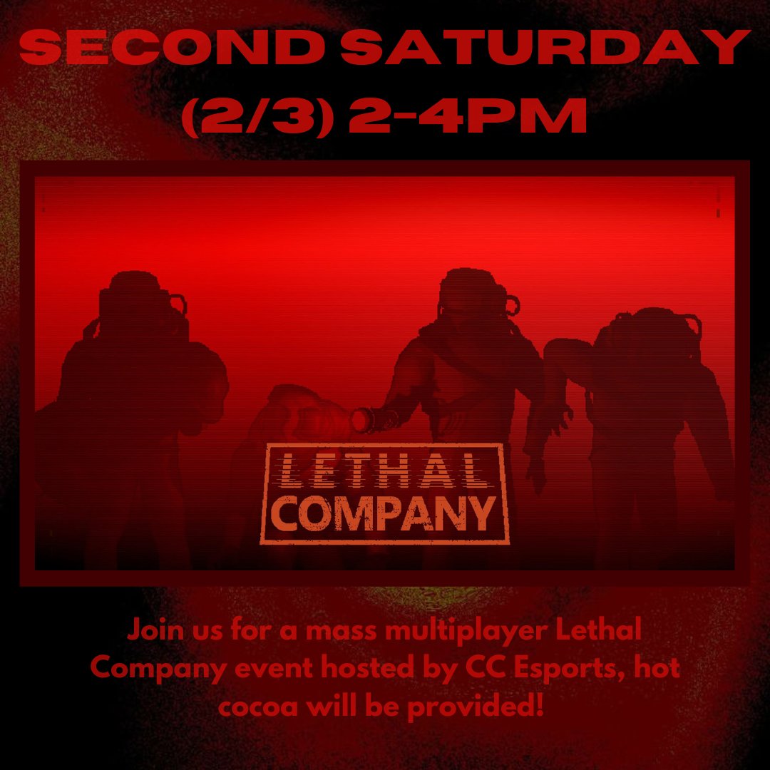 Second Saturday of the block: come play Lethal Company from 2-4 pm!! Hot cocoa will be provided, hosted in the esports lab in Palmer :)