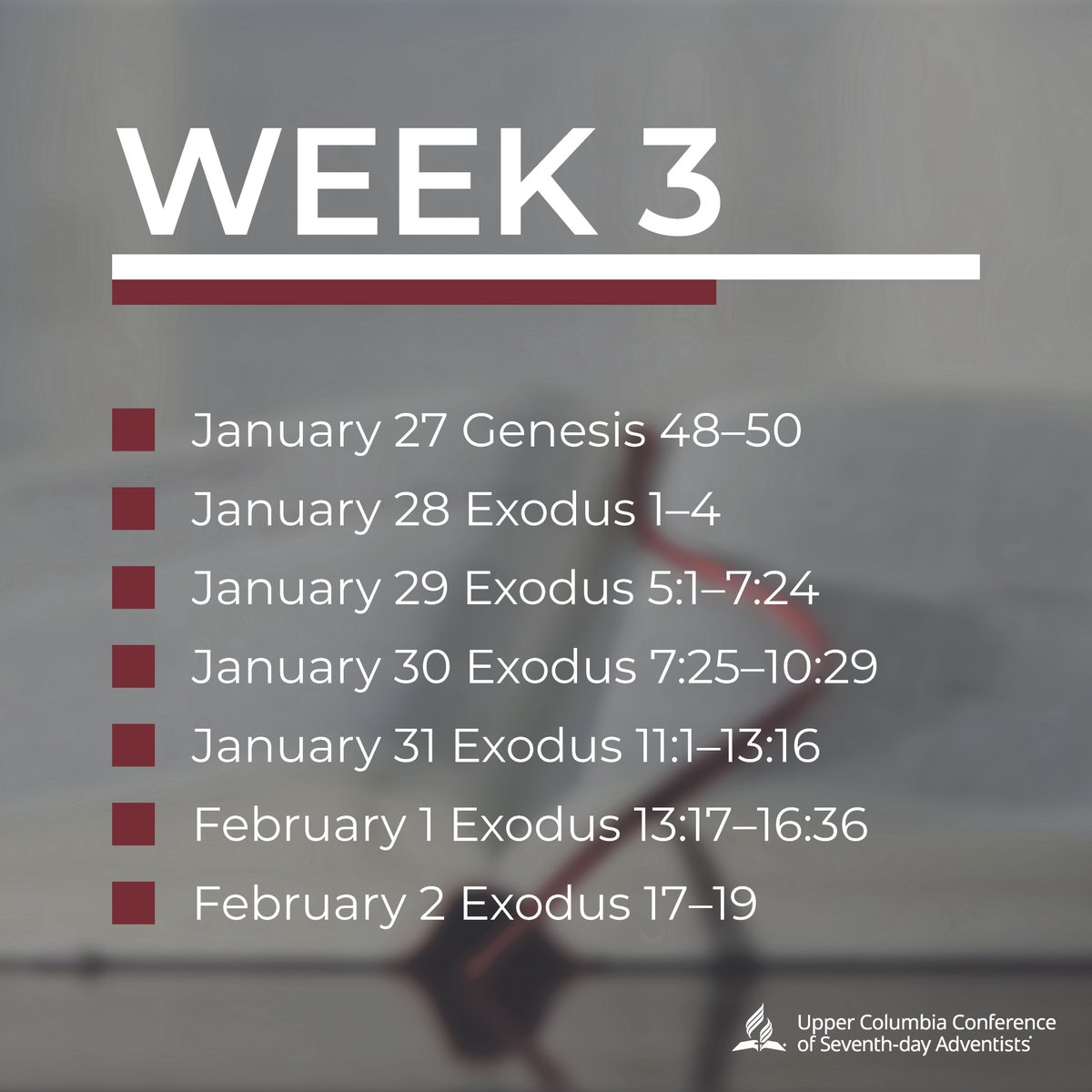 UCCtweet's tweet photo. Week 3 – Upper Columbia Conference invites you to participate in UCC In the Word, a journey through the 66 Books of the Bible. For more information visit https://t.co/Pxi4F3NLw7. #uccsda #UCCInTheWord #BibleReading #Bible https://t.co/DouqLpIqmm