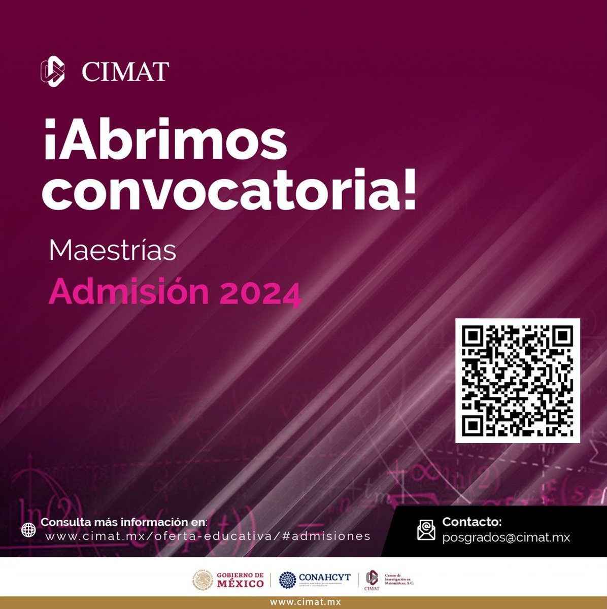 ¡Ya está abierta la convocatoria de Admisión 2024 a nuestros programas!

✅ Maestría en Ciencias con Orientación en Robótica; mcr.cimat.mx

✅ Maestría en Ingeniería de Software; mis.cimat.mx