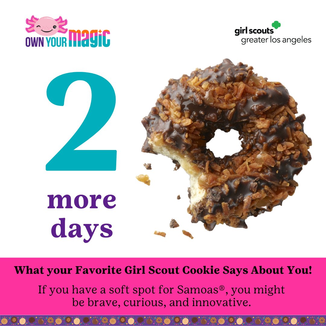 🥥🍫 2 days to Samoas! The rich, caramel-coconut-chocolate delight is almost here. Can you taste the excitement? #Samoas #GirlScoutCookies #GSGLA girlscoutsla.org/en/cookies.html
