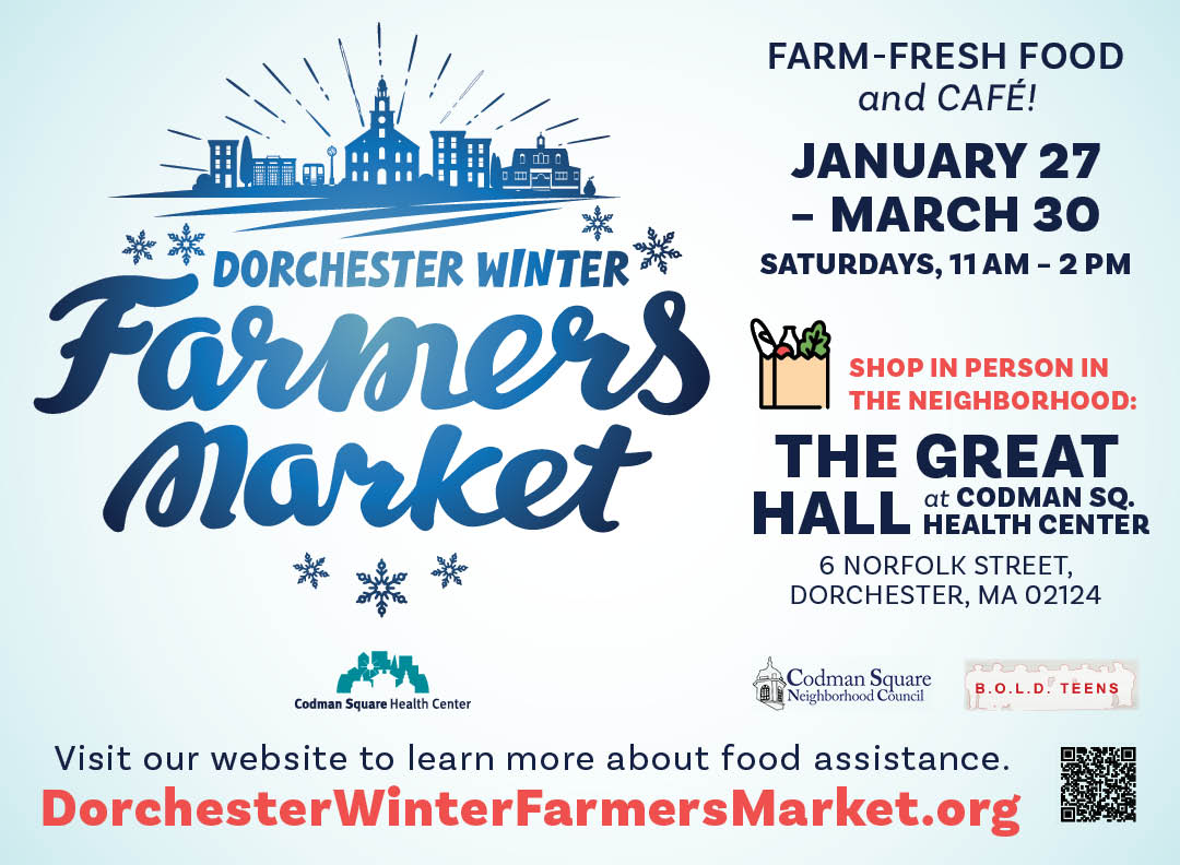 CodmanHealth's tweet photo. Dorchester Winter Farmers Market is back in the Great Hall for 2024! Shop farm-fresh food Saturdays from 11 am - 2 pm. Enjoy a pop-up from House of Seven Café, with soups, sandwiches, coffees, and teas. Visit https://t.co/BaKcu2QsYI for more information. #DWFM #DWFM2024 #CSNC https://t.co/reW59KHHZY