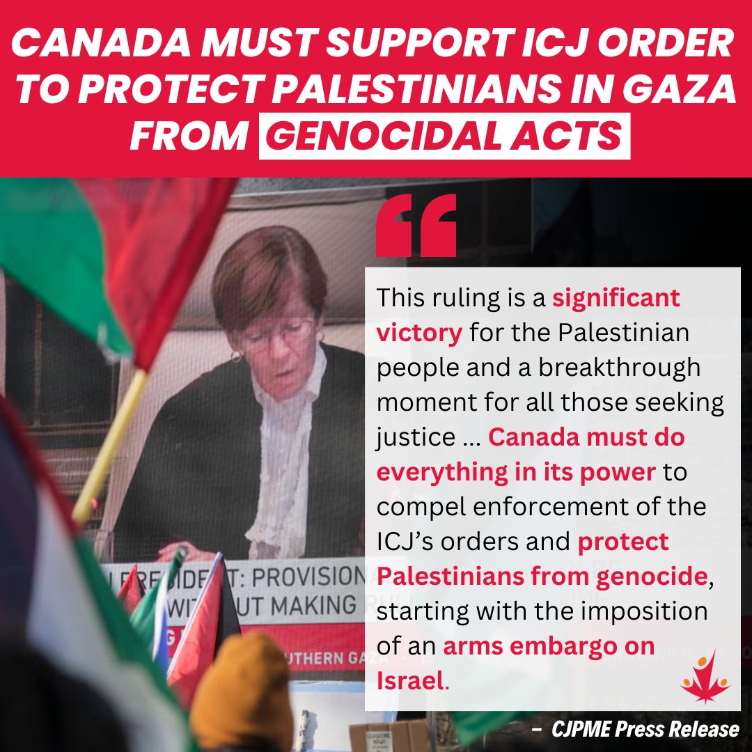 CJPME's tweet photo. The ICJ has found that many of Israel’s actions could plausibly constitute acts of genocide. Canada must do everything in its power to compel enforcement of the ICJ’s orders and protect Palestinians from genocide, starting with an arms embargo on Israel. https://t.co/hRWxYIBs9f https://t.co/612Ba1JVmD