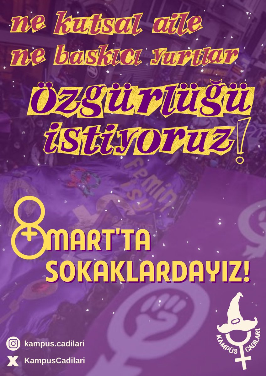 KampusCadi's tweet photo. Şiddetin meşrulaştırıldığı aile evlerinden, güvensiz yurtlarımızdan çıktık, kampüslerden sokaklara hesap sormaya geliyoruz!

Ne kutsal aile ne baskıcı yurtlar, #Özgürlüğüİstiyoruz! 8 Mart'ta sokaklardayız! 

Sen de aramıza katıl.💜
https://t.co/3S0Z9MzLnf https://t.co/mFf8tJLGEn