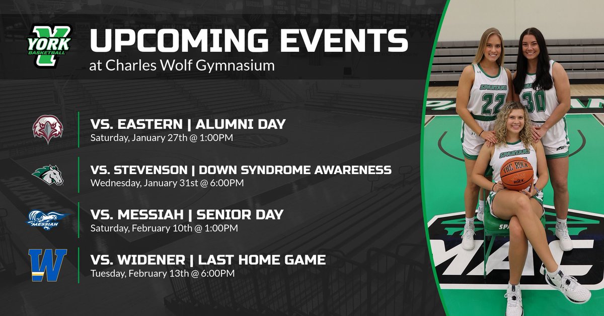 YCPWBasketball's tweet photo. UPCOMING HOME EVENTS!
🆚 | Eastern (1/27)
🆚 | Stevenson (1/31)
🆚 | Messiah (2/10)
🆚 | Widener (2/13)

#LetsGoYork #WeWill #YCPWBasketballl #AlumniDay #DownSyndromeAwareness #NothingDownAboutIt #SeniorDay #d3hoops 
@YCPathletics @GameTimePA_SC @YDSports @YAScores @gomacsports https://t.co/VXRUUoLyl9