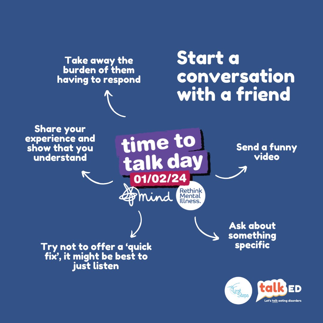 FirstStepsED's tweet image. Today is #TimeToTalk Day, a day dedicated to starting a conversation about mental health.

Text a friend or check in on a colleague and see how they&apos;re doing 💙 Let’s talk about mental health! 
#MentalHealth #SupportNotStigma