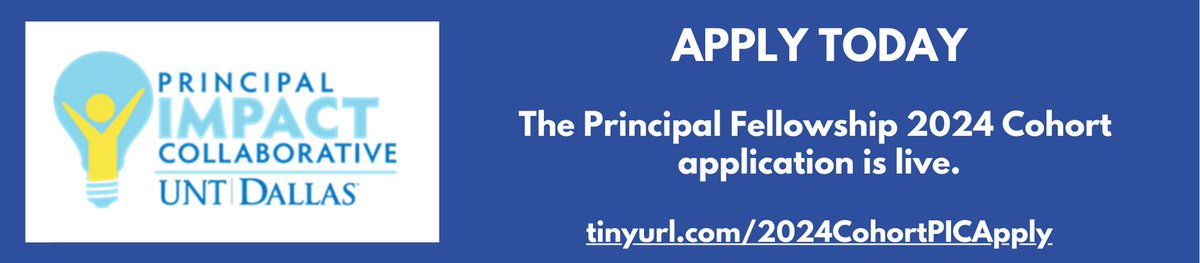 Principal Impact Collaborative (PIC) at UNT Dallas (@picatuntd) on Twitter photo Join the North Texas movement and APPLY to our 2024 Cohort Principal Fellowship - we've got the ENERGY of my son's Physics homework, the MOMENTUM of the <a href="/Rangers/">Texas Rangers</a> winning the World Series, & the EXCITEMENT of my nephew running to recess.
Learn more at principalimpactcollaborative.org Join the North Texas movement and APPLY to our 2024 Cohort Principal Fellowship - we've got the ENERGY of my son's Physics homework, the MOMENTUM of the <a href="/Rangers/">Texas Rangers</a> winning the World Series, & the EXCITEMENT of my nephew running to recess.
Learn more at principalimpactcollaborative.org