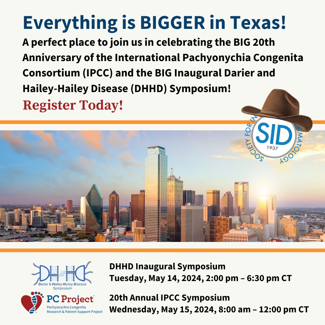 Researchers and physicians, we invite you to join us in person (with a special dinner), or virtually, for these BIG and extraordinary symposia aligned with the SID in Dallas. Learn more and register: pachyonychia.org/2024symposiums/
#Pachyonychia #Darier #HaileyHailey @SocInvestDerm