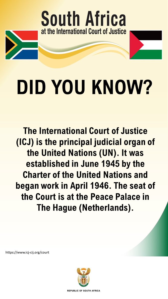 DIRCO_ZA's tweet photo. The #ICJ's role is to settle, in accordance with international law, legal disputes submitted to it by States and to give advisory opinions on legal questions referred to it by authorised United Nations organs and specialised agencies.
#ICJGenocideConvention
#SAatICJ https://t.co/Cd3jBQxkH3