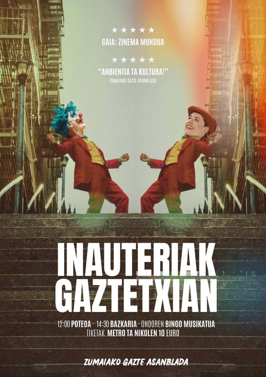ZumaikoGA's tweet photo. Badatoz iñauteiak, ta urtero bezela hemen Gazte Asanbladako proposamena⬇️

ZINEMA🎬🎥🎞️

Bazkaitako tiketak Metro ta Nikolen salgai 10€🧆🎟️❗️

Hasi armaiuai hautsa kentzen ta bertan ikusiko gea🎭 https://t.co/ptMxXN0snF