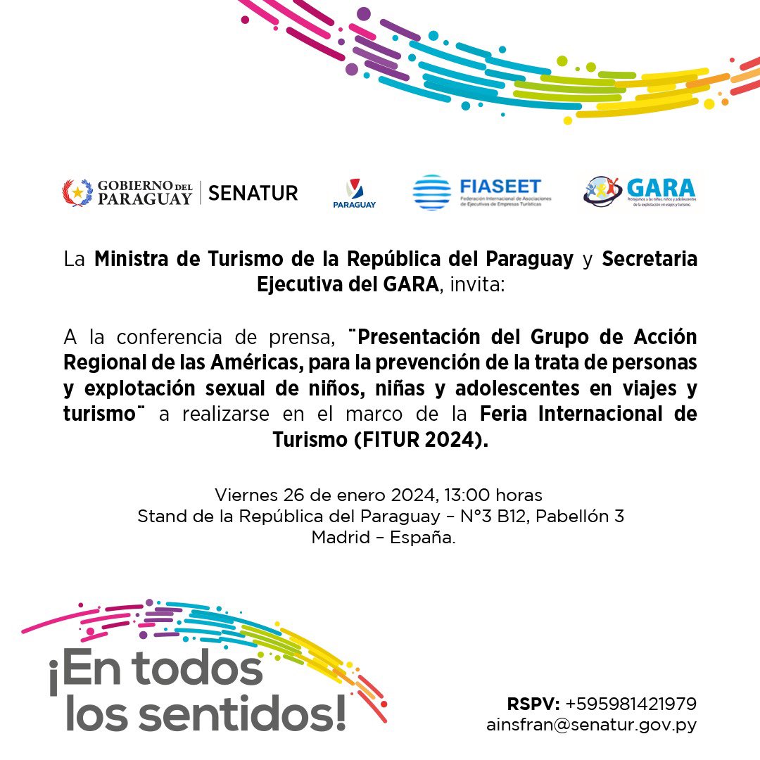 #Hoy se llevará a cabo conferencia de prensa en la Feria Internacional de Turismo ref.  “Presentación del GARA” Estará a cargo del Ministerio de Turismo de Paraguay, quien tiene a su cargo la Secretaría Ejecutiva del GARA.
13:00 🕐 (Madrid-España)
👏👏👏