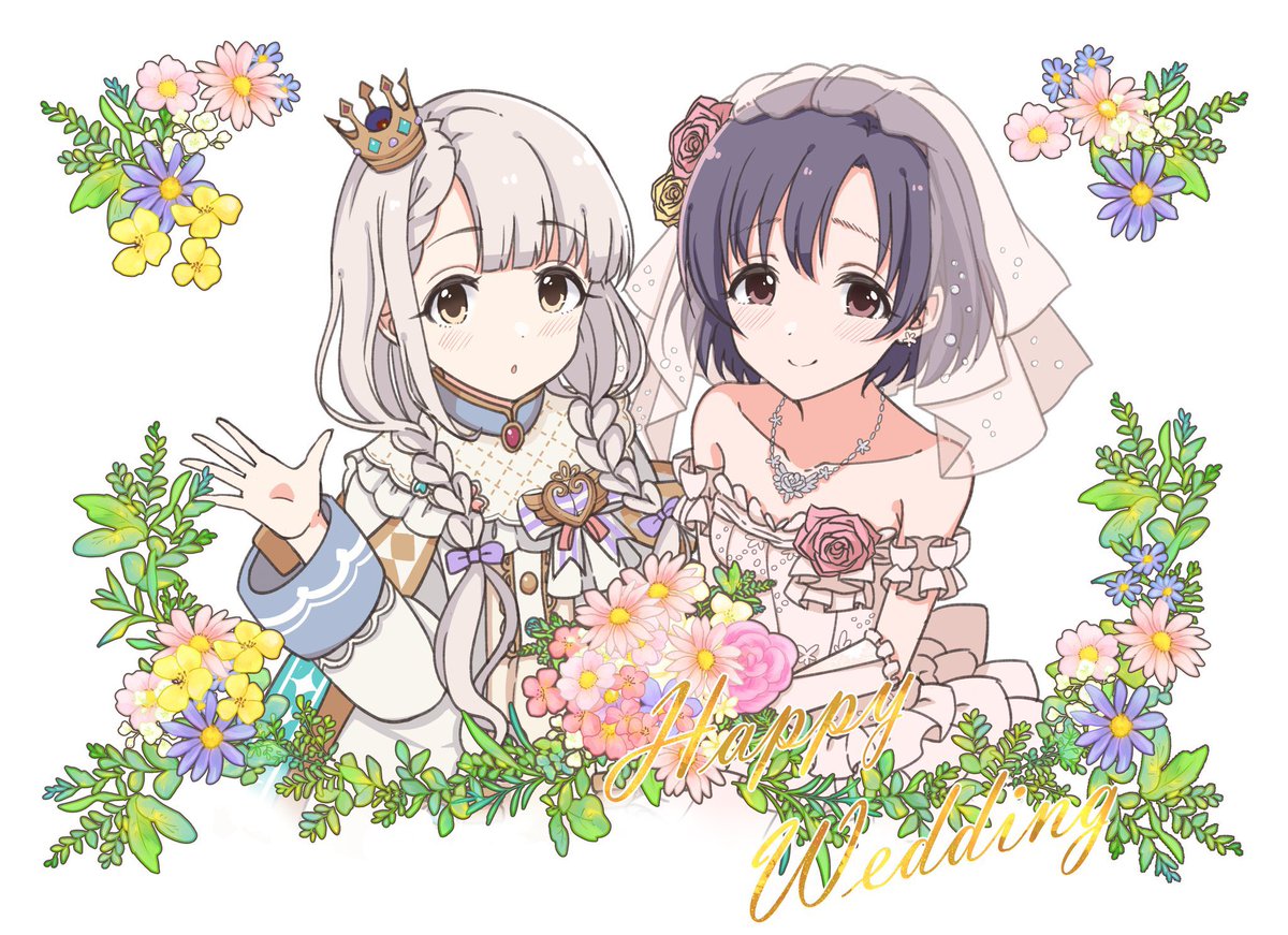 hisakawa nagi multiple girls 2girls braid flower dress veil pink flower  illustration images