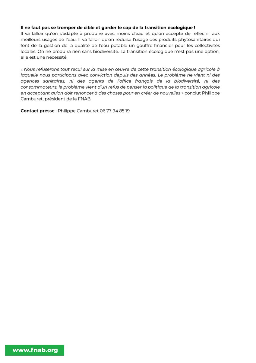CP🗞 La société ne peut pas demander aux agriculteurs de financer la transition écologique.

#Alimentation #Transition #AgricultureBiologique 

Lire notre CP 👉fnab.org/la-societe-ne-…