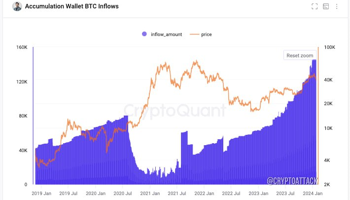 ArchipDeFi's tweet photo. 📊 CQ: #BTC accumulation wallets now hold 1.7 million BTC ($68 billion). The influx of BTC into them has reached a 5-year peak. https://t.co/Uzjc58KTCD