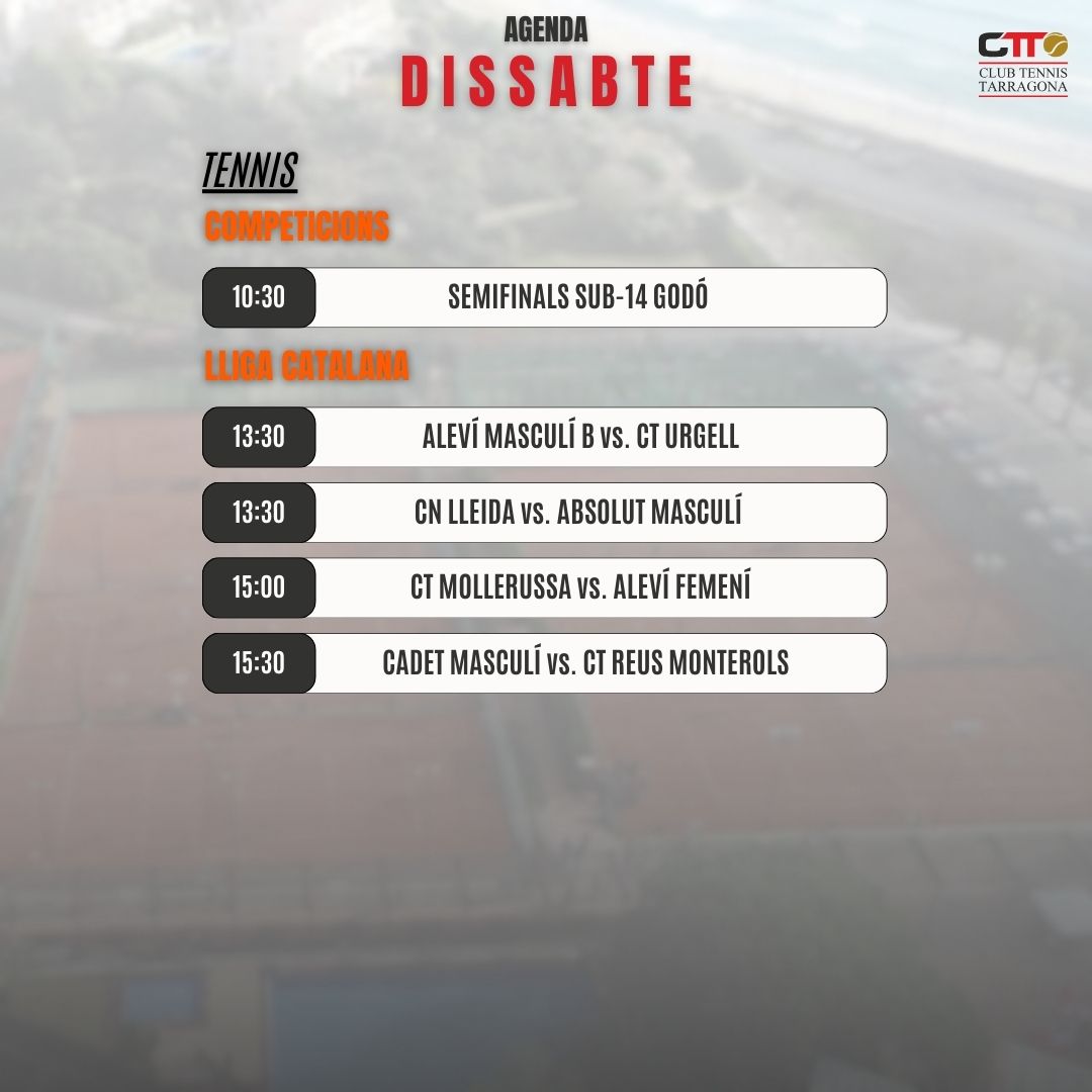 TennisTarragona's tweet photo. AGENDA CTT DEL CAP DE SETMANA⚫️🔴
Ja sabeu quines són les activitats i els partits que es duran a terme aquest cap de setmana😳
AMUNT CTT😍
CLUB TENNIS TARRAGONA, #LATEVACASA🖤❤
#totsfemctt #joemsumoalctt #ctt #clubtennistarragona #comunitatctt #femfamilia #tennis #padel https://t.co/OvYcpWhUwT