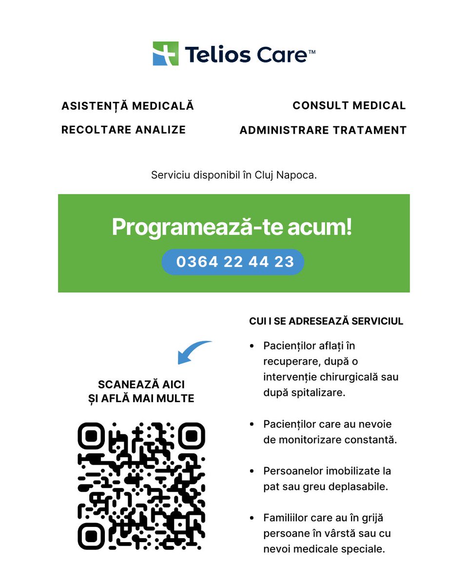 TeliosCare's tweet photo. Sănătatea ta și a celor dragi trebuie să fie o prioritate, nu o grijă suplimentară în viața ta!
Apelează 0364 22 44 23 și stabilește împreună cu asistenții Telios detaliile necesare unei vizite la tine acasă.
📷Disponibil în orașul Cluj Napoca.
#asistentladomiciliu #homevisits https://t.co/xD4YaILash