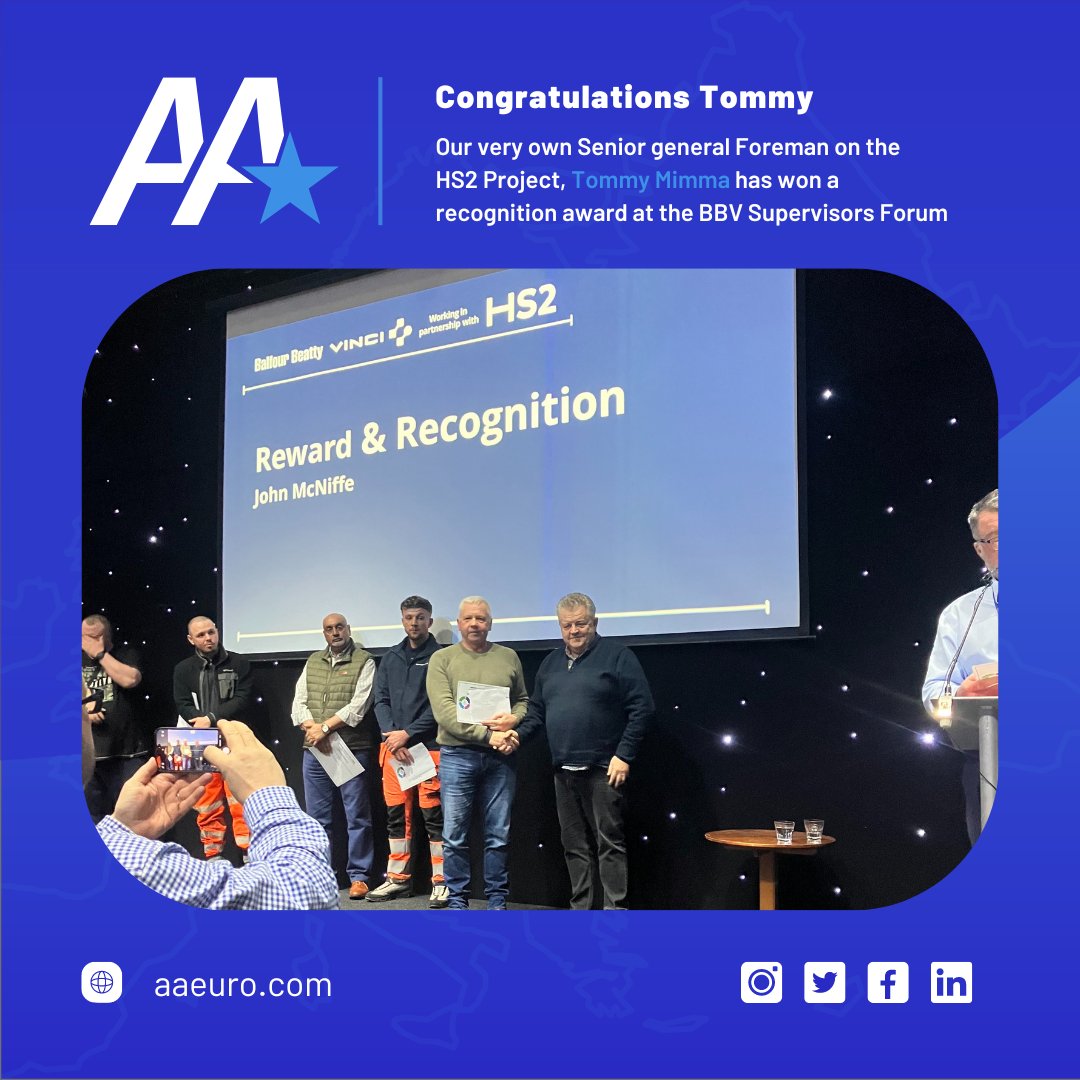 aaeurogroup's tweet photo. Congratulations Tommy Mimma

Our Senior General Foreman on the Curzon Street Viaduct Project as part of HS2 Birmingham, Tommy Mimma won a recognition award for his consistent efforts on site to ensure all programme milestones are reached.

#award #recognition #hs2 #construction https://t.co/LCNw5GmGrm