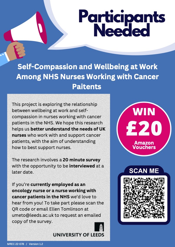 📣 A final call for NHS nurses working with cancer patients to take part in research exploring wellbeing at work and self-compassion📣 We'd love to hear from another 50 people, please consider completing and sharing the following survey... leeds.onlinesurveys.ac.uk/exploring-the-…