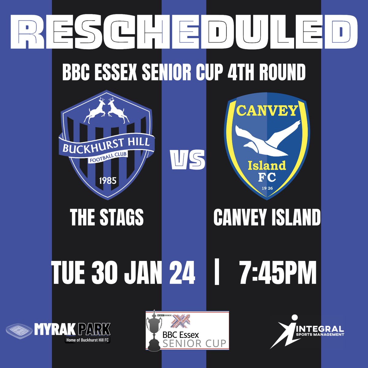 buckhursthillfc's tweet photo. 📅 | RESCHEDULED FIXTURE UPDATE
Our postponed @BBCEssex Senior Cup game against @CIFC will now take place on Tuesday 30th Jan.
#COYStags https://t.co/rp2PyAuDrT