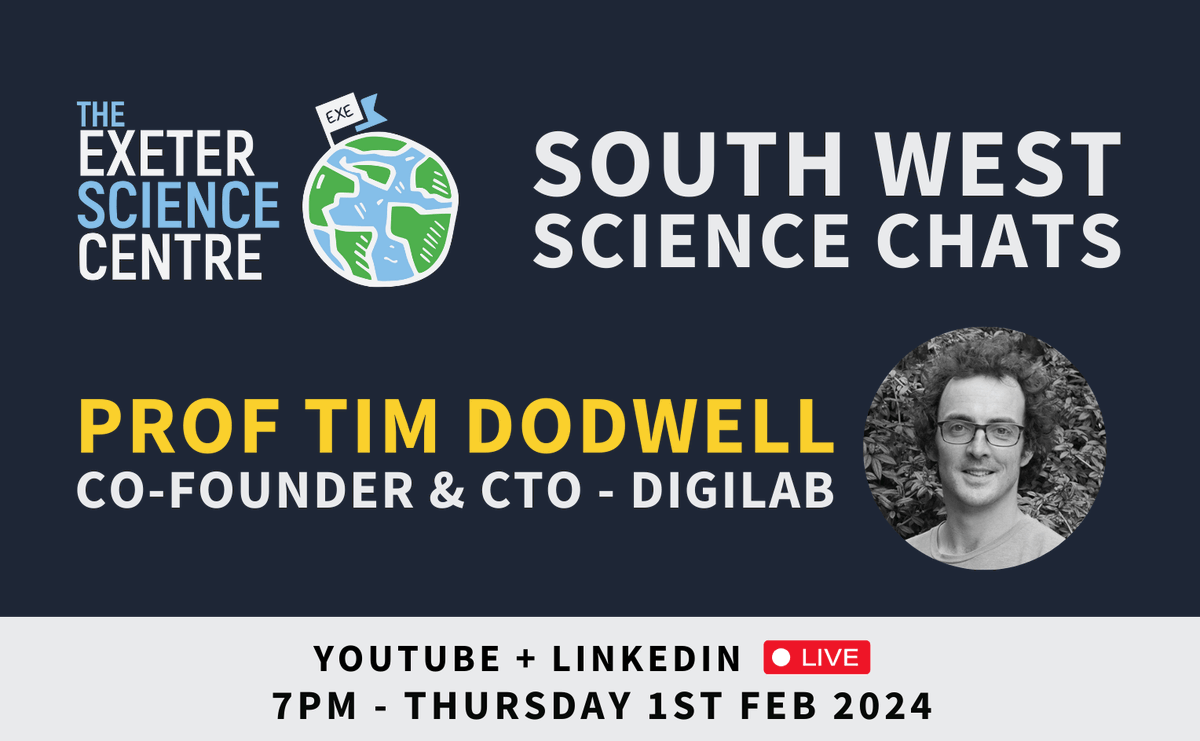ExeSciCentre's tweet photo. New video series in 2024: South West Science Chats! 

For our 1st episode on Thurs 1st Feb @ 7pm we're looking forward to meeting Prof Tim Dodwell, Co-Founder &amp; CTO of digiLab!

Find out more + tune in live on LinkedIn: https://t.co/HW7OSqtzPd or Youtube: https://t.co/Dy0t8ZkMHK https://t.co/O7HwSavM1H