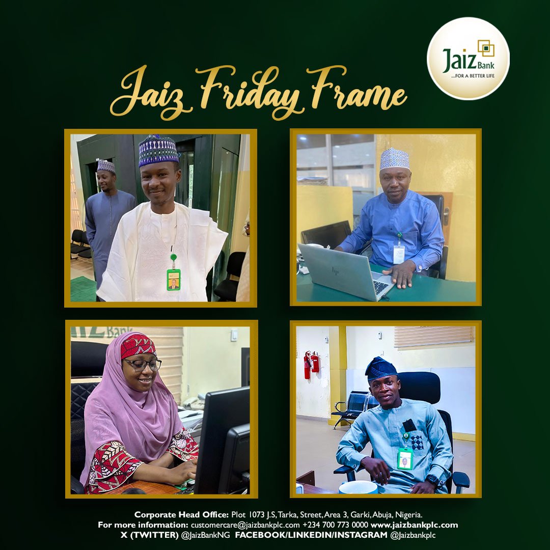 JaizBankNG's tweet photo. WEEK 16 OF JAIZ BANK FRIDAY FRAME.
In today's JAIZ FRIDAY FRAME, we bring you a blend of exciting experience as seen in the pictures obtained from our Headquarters &amp; branch offices. https://t.co/nrrswm3wAa