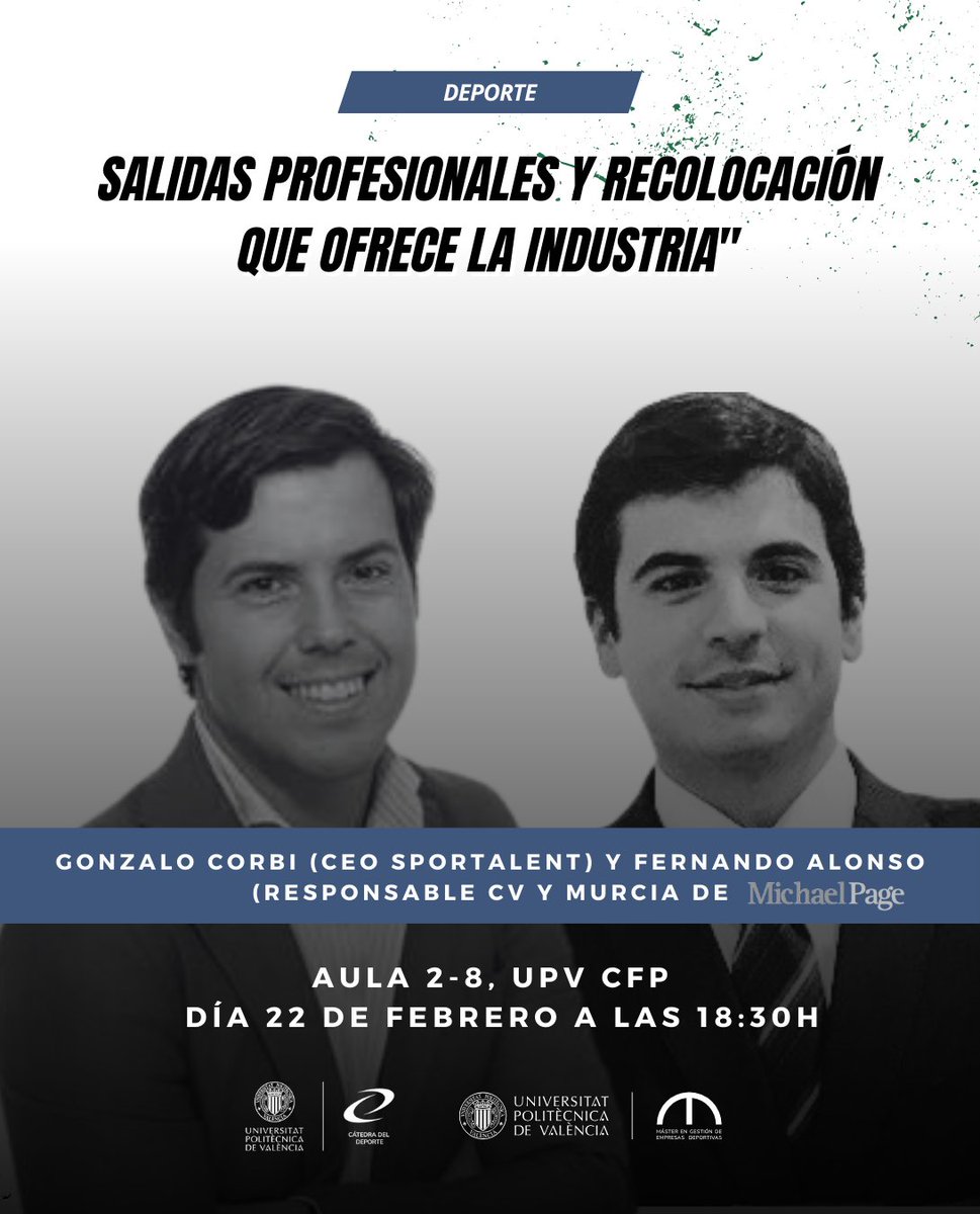 mgedupv's tweet photo. Desde la cátedra del deporte de la UPV, hemos organizado una jornada sobre «Salidas profesionales y recolocación que ofrece la industria del deporte«. Será el próximo jueves 22 de febrero a las 18:30h en el aula 2.8 del cfp- UPV.

Inscripciones: https://t.co/TEj664NVMn https://t.co/dmVDj2J20y