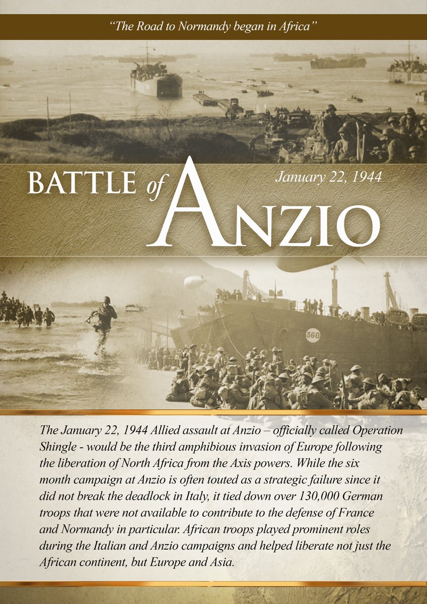 USAfricaCommand's tweet image. Road to Normandy began in Africa 
January 22, 1944: Operation Shingle, the Allied assault at Anzio, pivotal in WWII. Tied down 130k+ German troops, aiding Normandy. Notable for the critical role of African troops in the wider European and Asian liberation. #Anzio #WWIIHistory