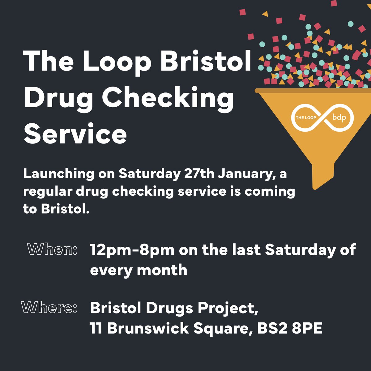 🎉 Drug Checking is coming to Bristol 🎉

Join us tomorrow as we launch the first regular drug checking service in the UK.

🕐When: 12pm - 8pm

📌Where: Bristol Drugs Project, 11 Brunswick Square, Bristol, BS2 8PE