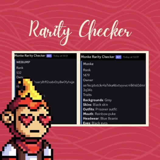 𝗪𝗵𝗼𝗼𝗽 𝘄𝗵𝗼𝗼𝗽!! 🙈

Introducing the Rarity Checker Tool!!

Join the Sei Monkes Discord and discover the rank of any of the SEI NFT collection for FREE!  🔴

We're all about adding value to the Sei NFT Ecosystem, offering most of our utilities at no cost.