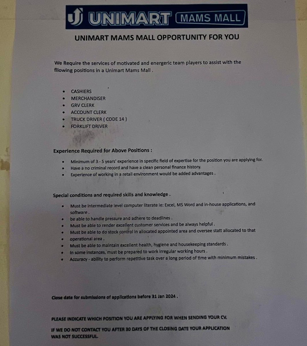 comforttenyeko's tweet photo. #Unimart is hiring, please see below info on positions available and requirements. Drop off your CV in store at Unimart Mams Mall.
The store is located at Entrance 1 next to ABSA bank. https://t.co/50Ejgvz3DU