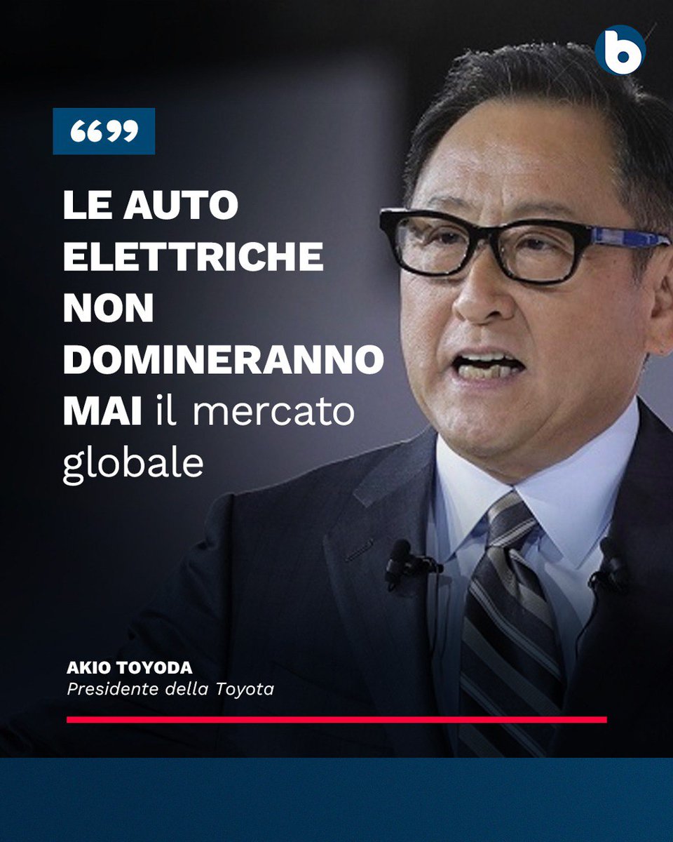 byoblu's tweet photo. Il presidente della Toyota, Akio Toyoda, ha espresso forti critiche verso la strategia dell’industria automobilistica di puntare tutto sulle auto elettriche. Secondo Toyoda, le auto elettriche non “arriveranno mai a dominare il mercato globale”, in quanto raggiungeranno al massimo il 30% del mercato, contro le previsioni degli esperti che stimano che entro il 2040 almeno il 44% dei veicoli in circolazione saranno alimentati attraverso questa tecnologia.