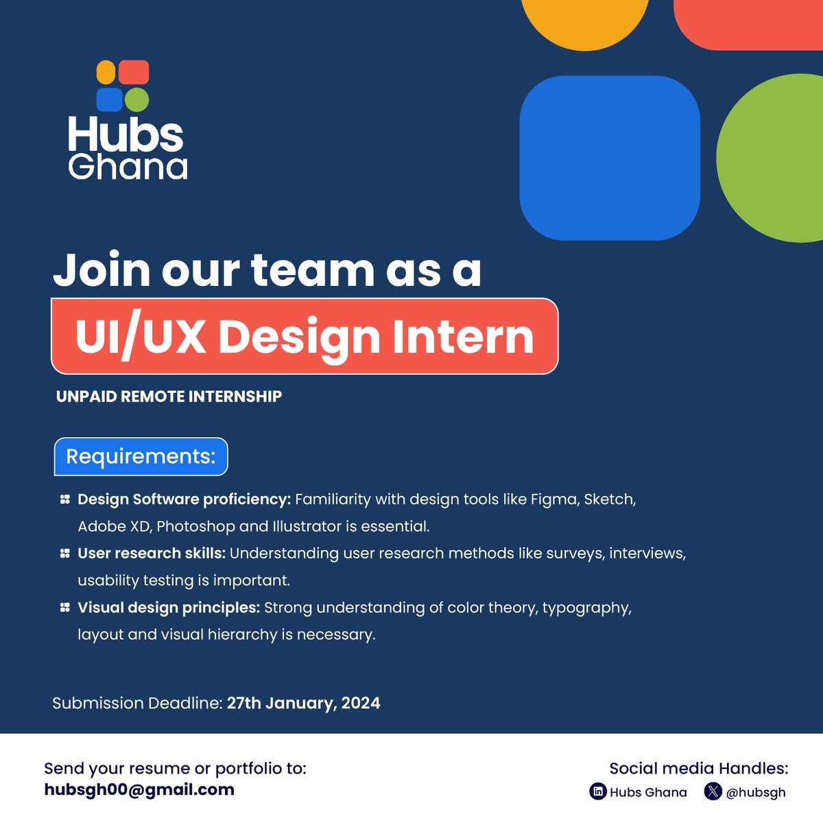 UncutLoft's tweet photo. 🚀 Exciting news, design enthusiasts! ✨ Hubs Ghana is thrilled to announce our UI/UX Design Internship Program! 🌐🎨 Ready to elevate your design skills? Apply by 27th January,2024! 🚀 #HubsGhana #Internships  #design #productdesign  #uiux 

Email: hubsgh00@gmail.com https://t.co/6IWdNnKg49