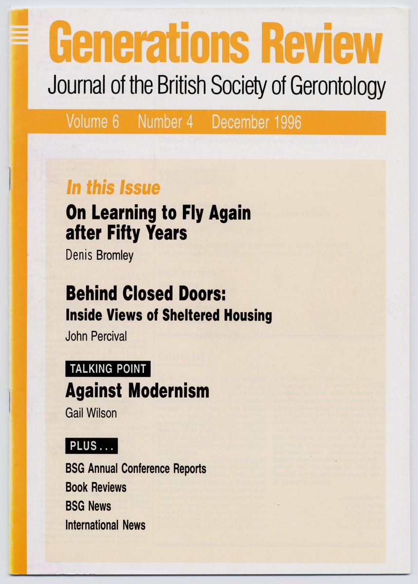 #FlashbackFriday to December 1996, and the cover of BSG journal Generations Review below shows some intriguing topics of discussion. Find out more about back issues here: britishgerontology.org/publications/g…