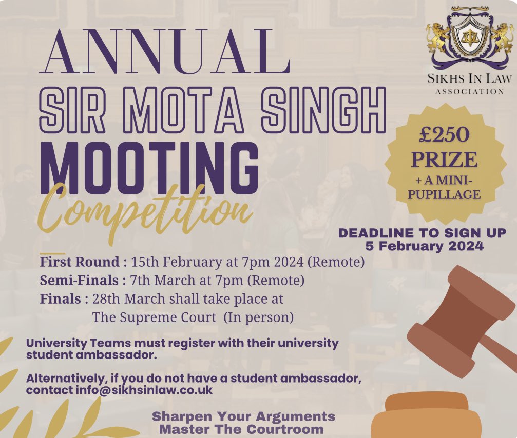 Sikhs in Law kick the year off with the Sir Mota Singh Moot, a competition to put your advocacy to the test infront of our seasoned practitioners.The details are as per the post. If you have any question, please contact info@sikhsinlaw.com and/or your student ambassadors.