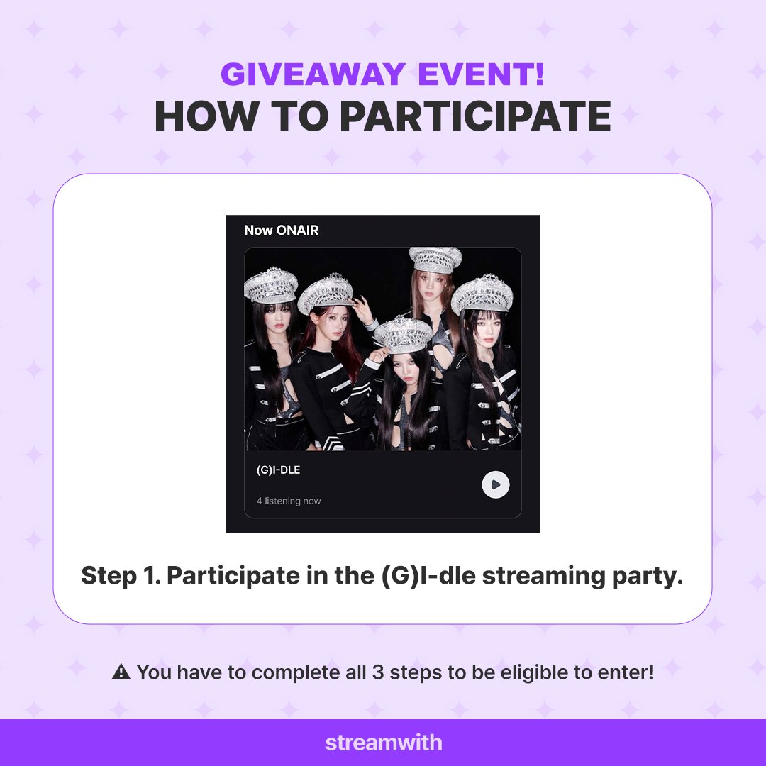 MAKESTAR_GLOBAL's tweet photo. 💜GIVEAWAY EVENT💜

Join (G)I-dle's streaming party on streamwith,
and spread the love to Neverland!

We're selecting 6 lucky winners on Feb 09th (KST)
to win a signed album each!

📆 Jan. 29, 2024 ~ Feb. 04, 2024 (KST)

Don't miss out on the chance to share the joy with Neverland!

#Streamwith_Neverland
#GIDLE #여자아이들 #Two #Super_Lady
#NEVERLAND #네버랜드
#Streamwith #스트림윗
#MAKESTAR #메이크스타