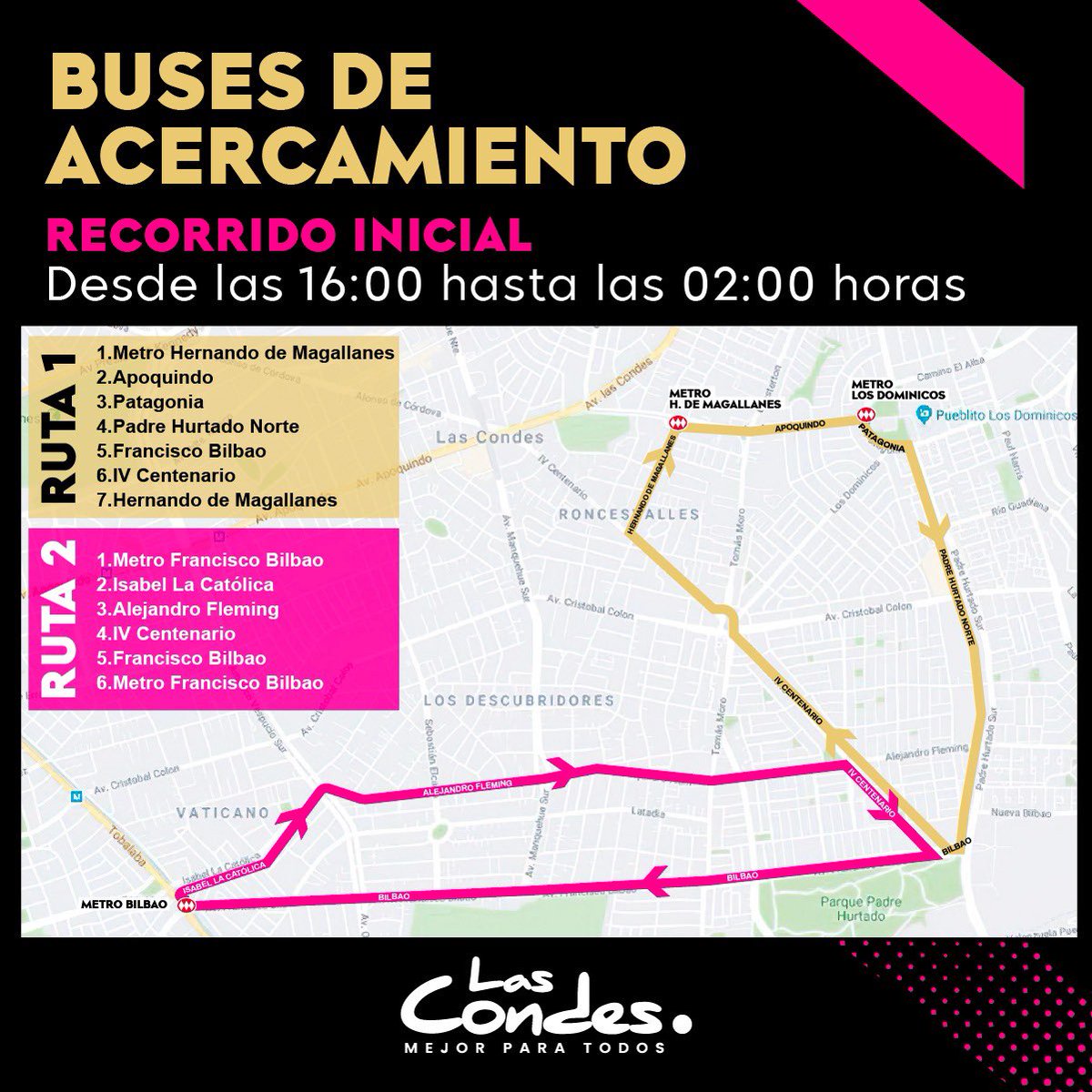 Evita los los tacos 🚙 y utiliza los buses de acercamiento gratuito 🚌 que estarán disponibles los días 26 y 27 desde las 16:00 horas hasta las 02:00 AM ¡Disfruta de un traslado cómodo y seguro 😏! 

🚏Conoce los recorridos
