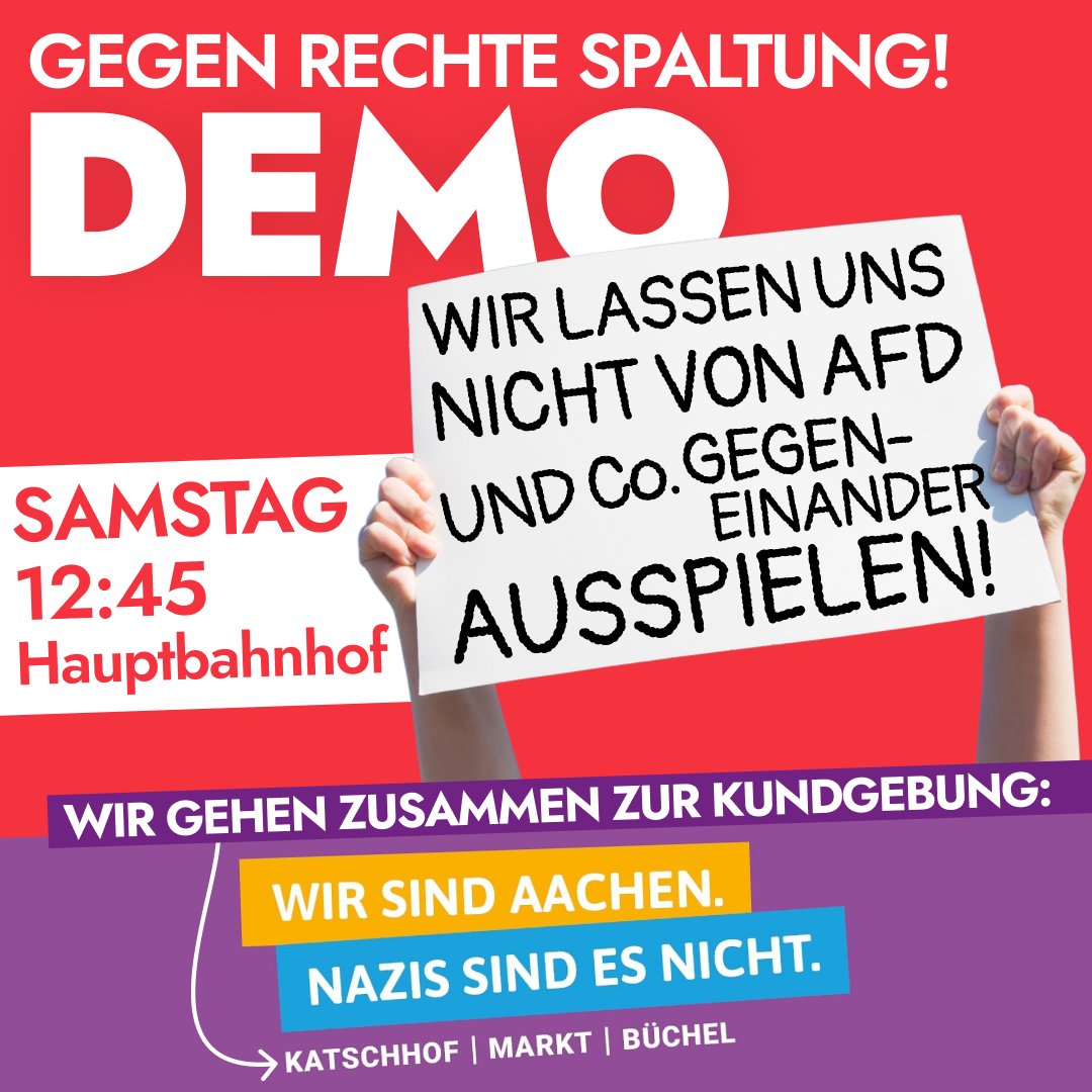 Demo gegen AFD und ihren Nährboden!📣
Wir alle merken, wie AFD und Co. immer stärker werden. Um das zu stoppen, müssen wir uns für soziale Themen Stark machen!

➡️Morgen, 13:45, Hauptbahnhof
(Wir laufen dann mit der Demo zu den Kundgebungen von wirsind.ac)

+TEILEN!+