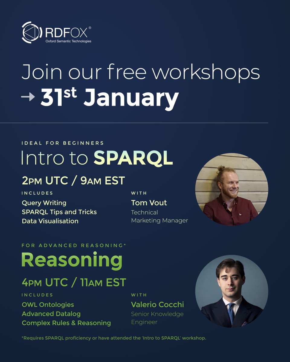 oxfordsemantic's tweet photo. Only less than a week away until our SPARQL and Reasoning workshop! 🚀

Learn all about the basics of #Datalog, #SPARQL, and #RDFox tips and tricks on:

📅 31 January 2024
🕑 2PM UTC onwards
 
💻 Register for free now: https://t.co/VIPoe9SZIi

See you there! https://t.co/1Xr3TVXN3u