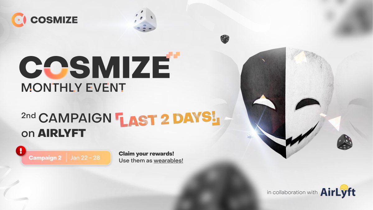 cosmize_io's tweet photo. ⏰ Hi Cosmizens! Only 2 days left until the end of our second campaign! 🎮 Complete quests, claim rewards, and level up your avatar! Don't miss out ✨ 
🔗 Link to quests: [https://t.co/kDFD9GiZq8]
#COSMIZE #Airlyft https://t.co/8u77uji77r