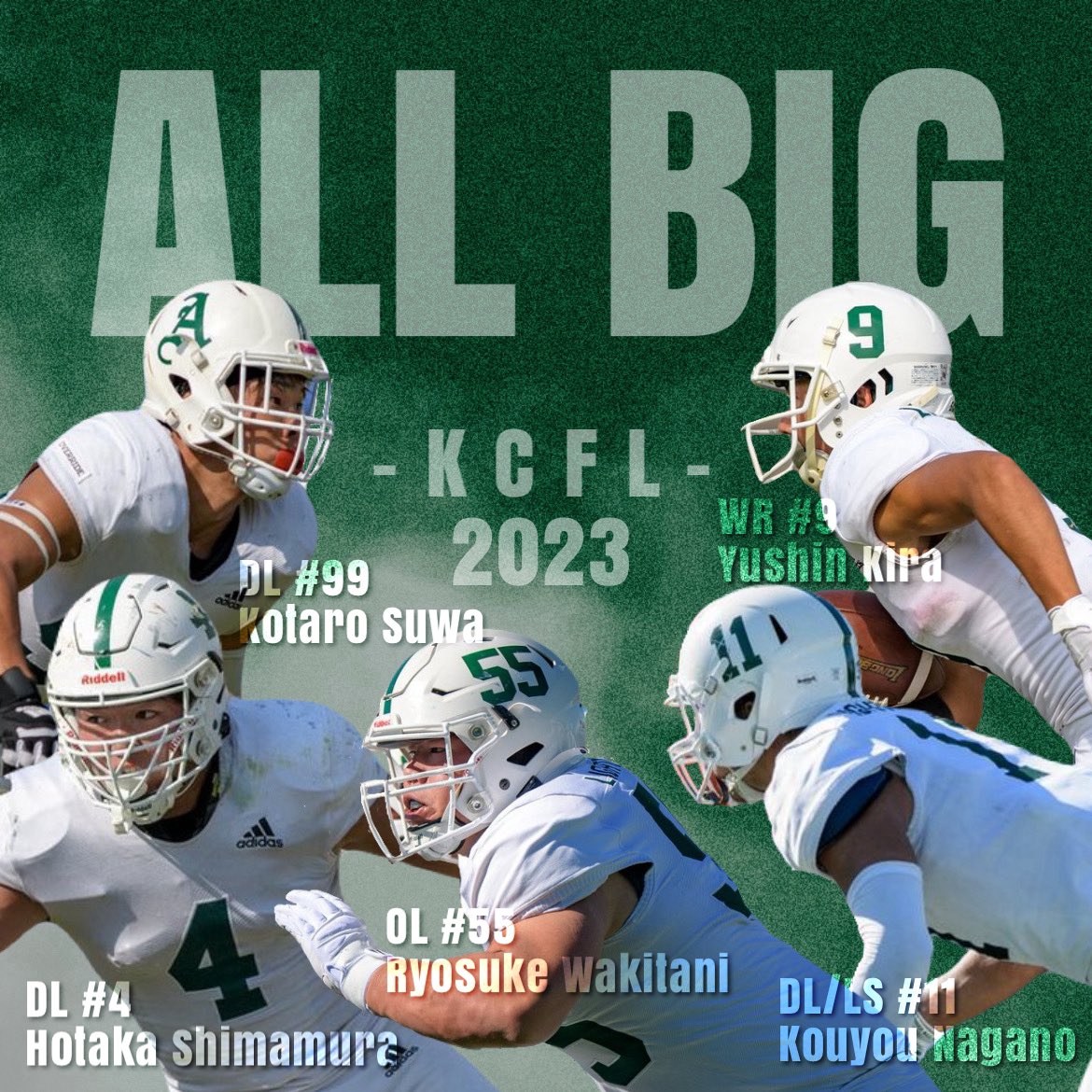 agf_lightning's tweet photo. 【2023 ALL BIG】
🏆WR #9 吉良 勇心
🏆OL #55 脇谷 亮祐
🏆DL #4 島村 武尊
🏆DL/LS #11 永野 航陽
🏆DL #99 諏訪 孝太郎
#agu #lightning #americanfootball #allbig https://t.co/P4LTyvqD5m