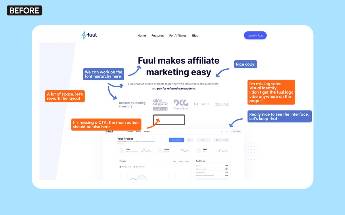 AdelineAstraOS's tweet photo. Design roast of the day [8/30], say hello to @fuul_xyz ! #daretoshare24 

I've just updated their landing page with a dash of brand identity to replace the previous, more subdued version ✨

Key tawekay: 
1⃣ Infuse your landing page with your brand identity. Good narrative paired with strong identity will make the difference for your project.

Thank your for this second week of Design roasts, It's always a pleasure to work on inspiring projects/protocols! I see you next week! 🫰