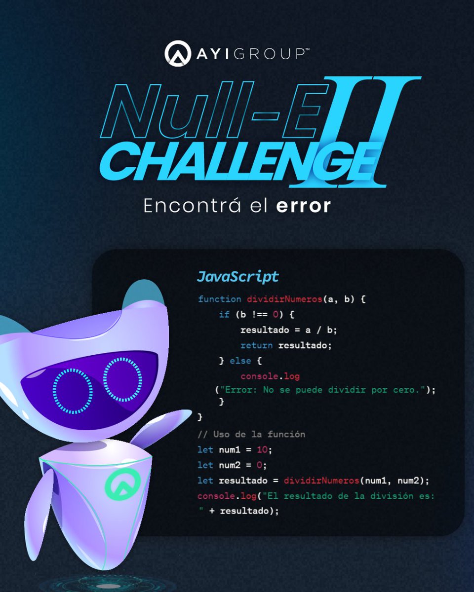 🚀 ¡Lanzamos el 2do Challenge de Null-E! 🕵️

Esta vez, desafiamos tus conocimientos en "JavaScript". Poné a prueba tus habilidades y encontrá el error en nuestro código de desarrollo 💻 ¿Te animás? Compartí tu solución. 🤔

#Desarrolladores #CodeChallenge #JuegoDev 🚀