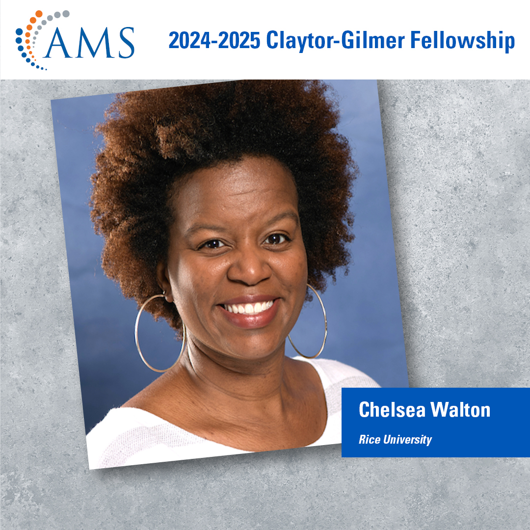 amermathsoc's tweet photo. Congratulations to Chelsea Walton, a professor of mathematics at @RiceUniversity, who has been awarded the fourth annual AMS Claytor-Gilmer Fellowship.

Read more: https://t.co/4jsmKKd1G3 https://t.co/GeCYBgJqO3