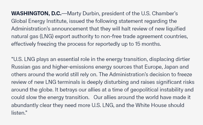 Global Energy Inst (@globalenergy) on Twitter photo JUST IN: <a href="/USChamber/">U.S. Chamber</a>: Biden Administration’s Decision to Freeze LNG Terminal Reviews Raises Significant Risks Around the Globe
Full statement: 🔗uschamber.com/energy/u-s-cha… JUST IN: <a href="/USChamber/">U.S. Chamber</a>: Biden Administration’s Decision to Freeze LNG Terminal Reviews Raises Significant Risks Around the Globe
Full statement: 🔗uschamber.com/energy/u-s-cha…
