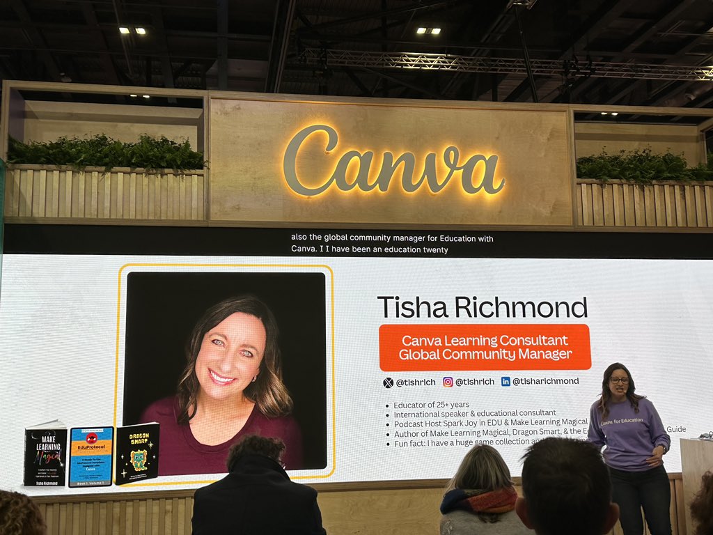 Simonleighuk's tweet photo. It’s been fun listening to @tishrich this morning on the @CanvaEdu stand @Bett_show deliver some amazing talks. Having experienced educators contextualise tech for other educators, is the bedrock of bringing products and offerings to market in education. https://t.co/jifP2mIto9
