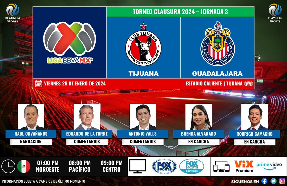 ⚽️ #LigaBBVAMX 🇲🇽 | @Xolos vs. @Chivas 
🇲🇽📺 @FOXSportsMX / #FOXSportsPremium
🎙️ @RaulOrvananos 
🎙️ @YayoDelaTorreM 
🎙️ @TonyVallsFox 
🎙️📝  @brendalvarado94
🎙️📝 @rodrigocamacho_

#XolosxFSMX - #LigaMXenFSMX