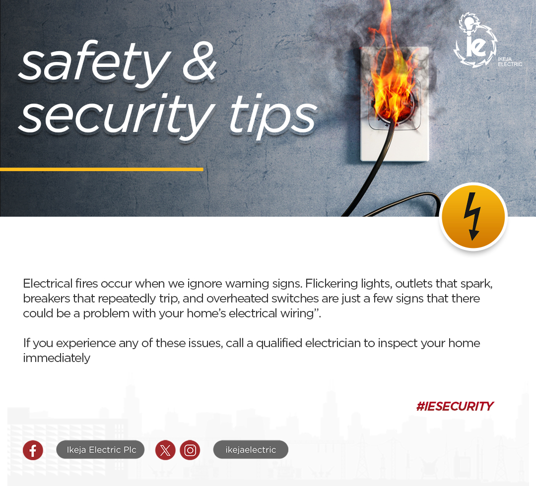 IkejaElectric's tweet photo. Are you aware?

Electrical fires can arise when warning signs such as flickering lights, sparking outlets, and overheated switches are overlooked.

If you encounter any of these issues, please contact a certified electrician to inspect your home.

#Safety&amp;SecurityTips
#IECares https://t.co/oVeXE8YLsL