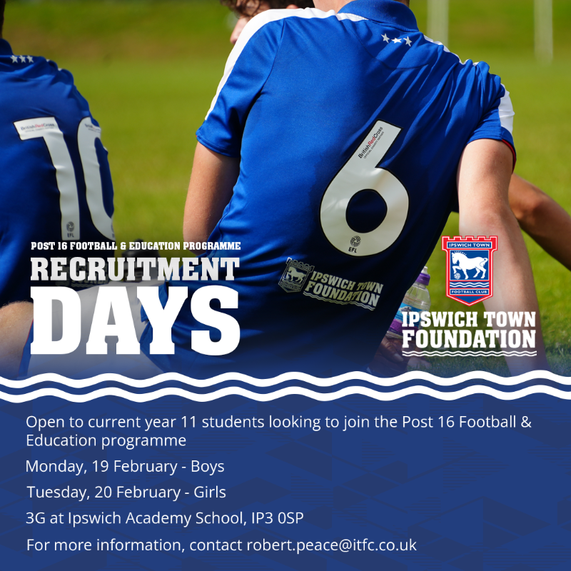 ITFCFoundation's tweet photo. 🔵 The Foundation is hosting two Recruitment Days during February Half Term for current year 11 students looking to join our Post 16 Programme.

To register your interest, follow the link below. More details will be provided upon registration.

@suffolknewcoll | @northgatesixth