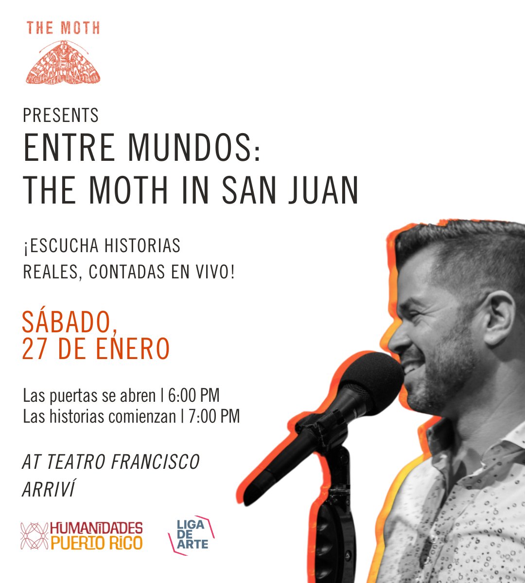¡Únete a <a href="/TheMoth/">The Moth</a> mañana, sábado 27 de enero, en el Teatro Francisco Arriví para el primer evento The Moth Mainstage en Puerto Rico!

La <a href="/ligadearte/">ligadearte</a> te invita a ser parte de esta experiencia. ¡No querrás perdértela! 

Puedes conseguir tus boletos en bit.ly/3H7GoVz.