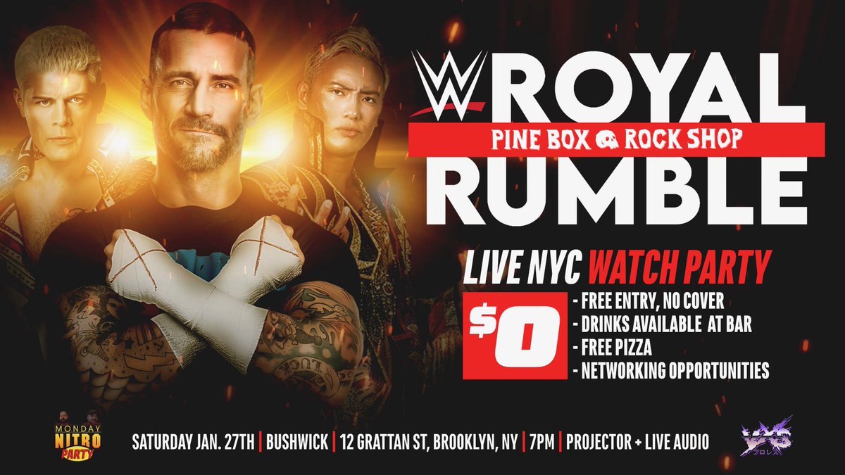 Tomorrow night — come watch the #RoyalRumble at @pineboxrockshop for free! No cover — and FREE PIZZA!!! Whaaa?? #Brooklyn #watchparty