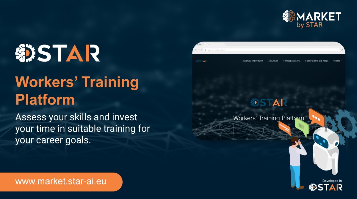 In the increasingly demanding labor world, it is more important than ever to assess your skills and invest your time in suitable training for your career goals
💡Explore the Worker's Training Platform developed by STAR 👉 bit.ly/479dO0R

#star_AI #H2020 #HorizonEU #HaDEA